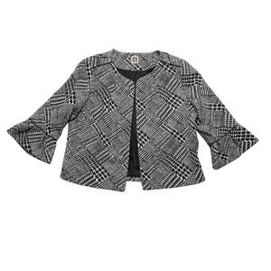 Anne Klein Blazer Womens Large Black White‎ Abstract Open Front Leather Trim